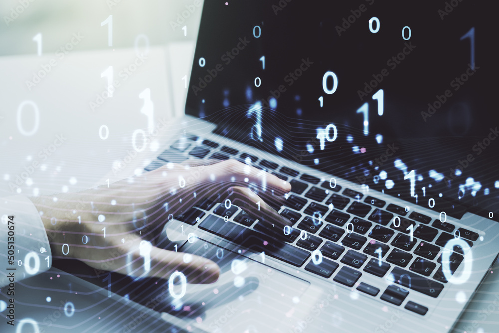 Aufkleber creative concept of binary code illustration and hands typing on laptop on background. big data and 