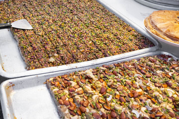 arabic sweets and dessert, baklava or baklawa closeup