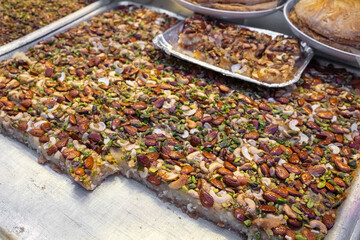 arabic sweets and dessert, baklava or baklawa closeup