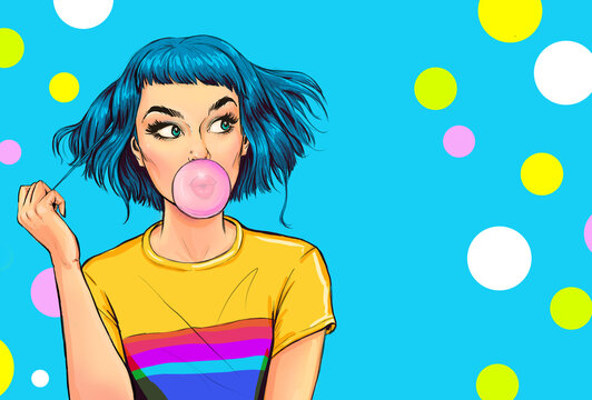 Fashionable girl with a stylish haircut inflates a chewing gum has amazed expression. Pop Art woman 