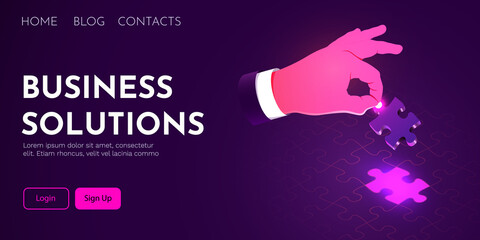Businessman hand holding Jigsaw puzzle landing page template. Solution concept.