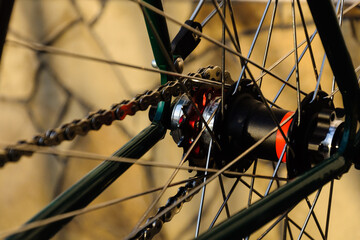 close up hub and spokes of fixed gear bike, old vintage bicycle