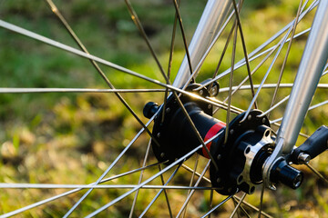 close up hub and spokes of fixed gear bike, old vintage bicycle