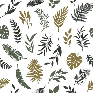 Seamless pattern of green branches and leaves on a white background