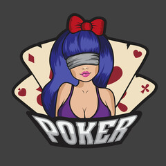 Sexy joker girl with cards. Logo of a girl in a swimsuit. A blindfolded girl.