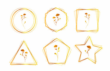 A set of gold frames. Frames with flowers. Vector illustration.