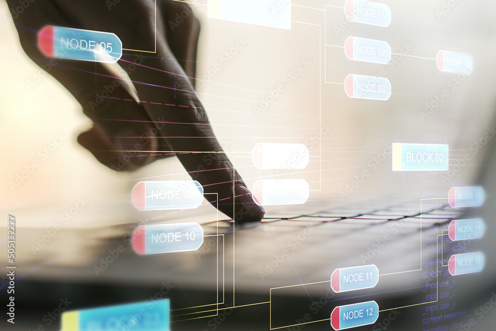 Aufkleber abstract creative coding illustration with hands typing on laptop on background, software developmen