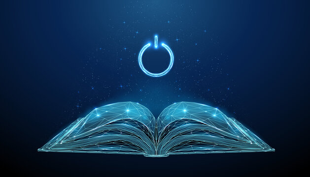 Abstract blue open book with power button