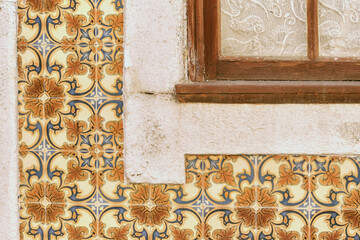 panel of azulejos portuguese tiles on a old facade in Aveiro, Portugal