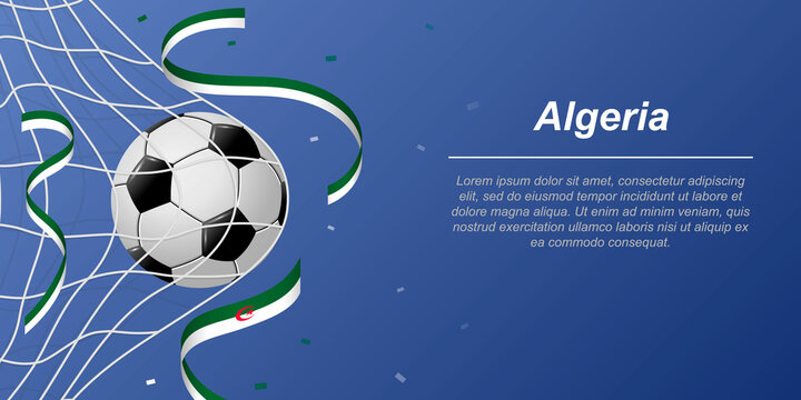 Soccer background with flying ribbons in colors of the flag of Algeria