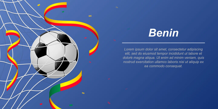 Soccer background with flying ribbons in colors of the flag of Benin