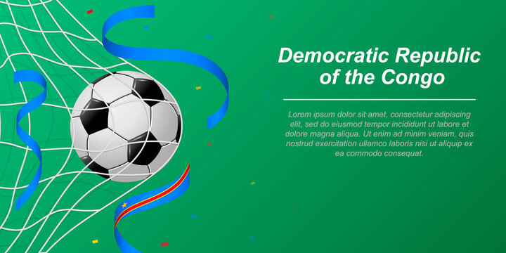 Soccer background with flying ribbons in colors of the flag of DR Congo