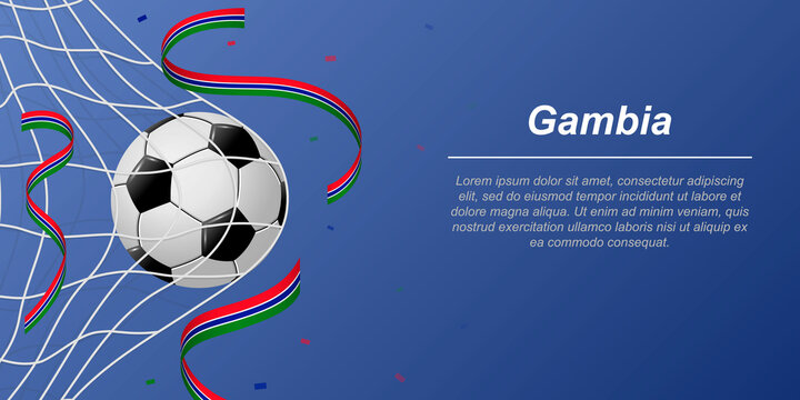 Soccer background with flying ribbons in colors of the flag of Gambia