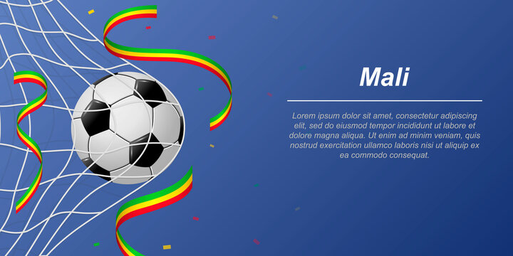 Soccer background with flying ribbons in colors of the flag of Mali