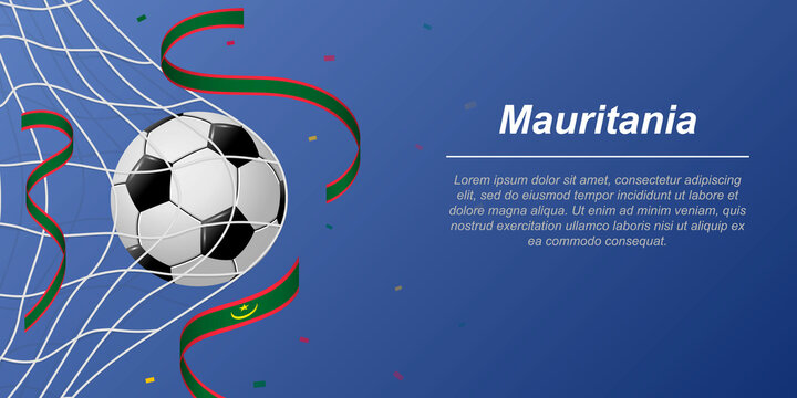 Soccer background with flying ribbons in colors of the flag of Mauritania