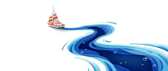 Journey of the paper sailboat in the winding blue sea