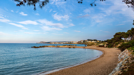 Mediterranean beach in L Escala, Costa Brava, Catalonia,Spain.