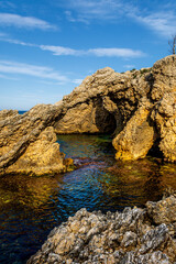 Mediterranean sea view, seascape, rock formations in L Escala, Costa Brava, Catalonia, Spain.