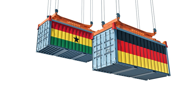 Cargo containers with German and Ghana national flags. 3D Rendering
