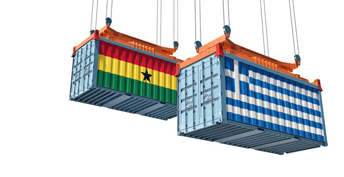 Cargo containers with Greece and Ghana national flags. 3D Rendering
