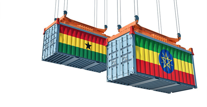 Cargo containers with Ethiopia and Ghana national flags. 3D Rendering