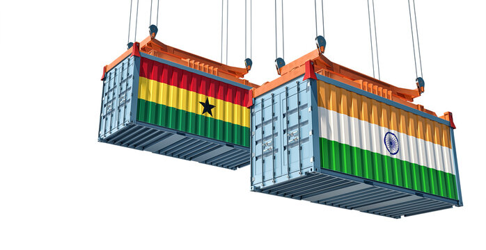 Cargo containers with India and Ghana national flags. 3D Rendering