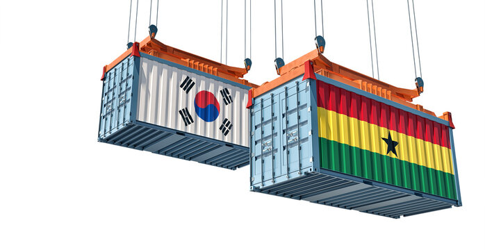 Cargo containers with South Korea and Ghana national flags. 3D Rendering