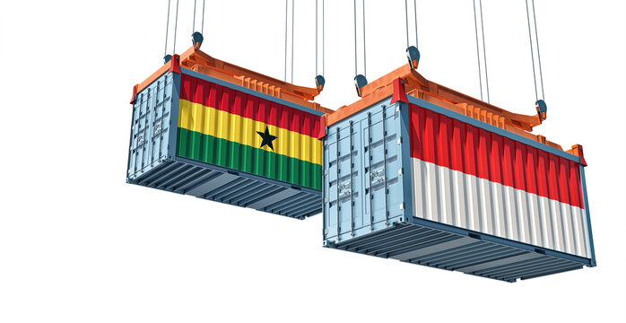 Cargo containers with Indonesia and Ghana national flags. 3D Rendering