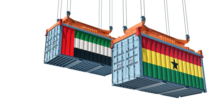 Cargo containers with United Arab Emirates and Ghana national flags. 3D Rendering