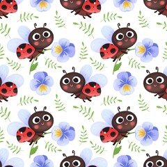 Seamless pattern with flying ladybugs and pansies