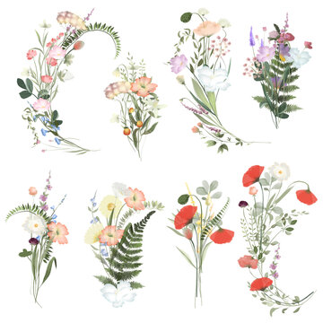 Set of watercolor wildflower bouquets, isolated illustrations on a white background