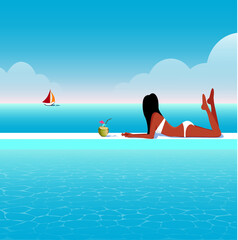 Obraz na płótnie Canvas Vector illustration girl on vacation in the tropics exotic rests and sunbathes on the pool drinks a coconut cocktail looks at the ocean and the boat