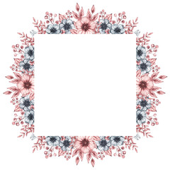 Watercolor frame wreath of flowers of anemones, berries and leaves