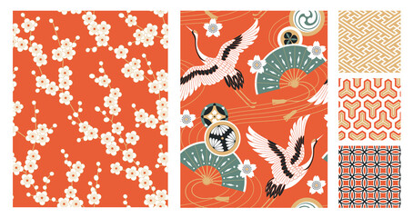 Japanese seamless patterns set with cranes, fans and oriental cherry flowers. Vector illustration.