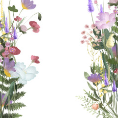 Floral border of watercolor wildflowers, illustrations on a white background, design for cards and invitations