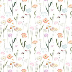 Seamless pattern of watercolor meadow flowers, grasses and wildflowers, illustrations on a white background