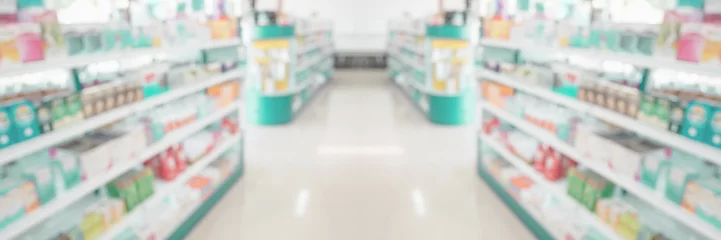 Papier Peint photo autocollant Pharmacie Pharmacy drugstore shelves interior blur medical background