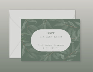 Greenery botanical RSVP card with green watercolor leaf. For wedding invitation, baby shower and vip cover template