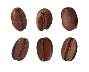 Set with aromatic roasted coffee beans on white background