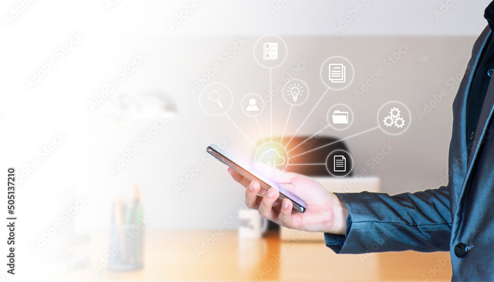 Poster concept of online data management. businessman using smartphone to manage database on the internet, 