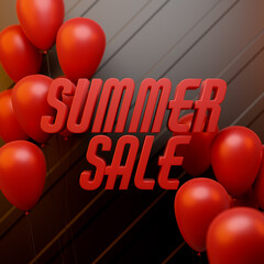 Luxury Summer Sale. Realistic 3D Poster with Black wall and  Red Balloons  for party and other promotion social media banners. 3D illustration