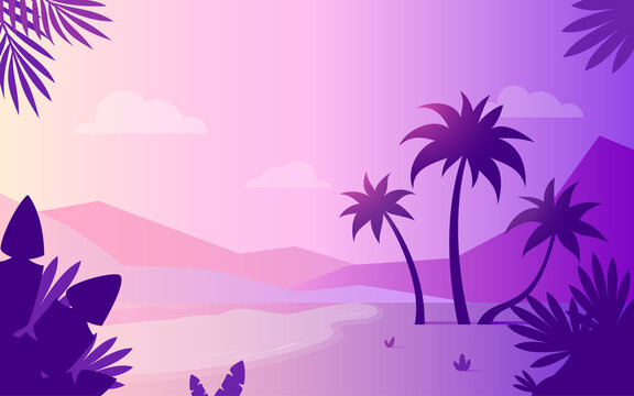 Tropic palm tree background purple flat wallpaper. Dense summer foliage forest landscape horizontal fantastic scene. Subtropical poster tourism company profile screen saver exotic country travel site