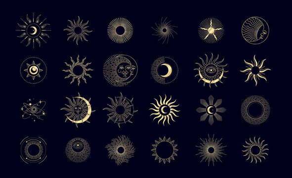 Set of sun burst linear and silhouette style. Mystic esoteric magic elements sun moon. Vector illustration. Spiritual esoteric magic logo or talisman. Alchemy tattoo object
