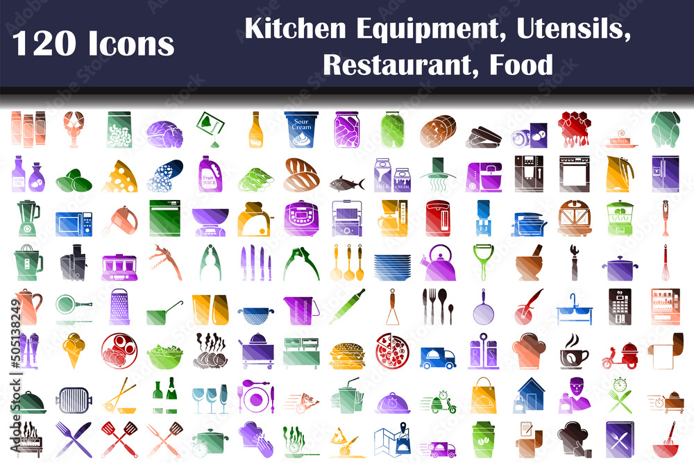 Sticker set of 120 kitchen equipment, utensils, restaurant, food icons