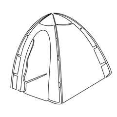 The tent is drawn in one continuous line isolated on a white background. Stock vector illustration.