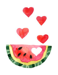 Obraz na płótnie Canvas Piece of watermelon in watercolor with seeds and hearts. Hand drawn art for design summer holiday and vacation. Slice of red tropical fruit on texture paper. Illustration isolated on white background