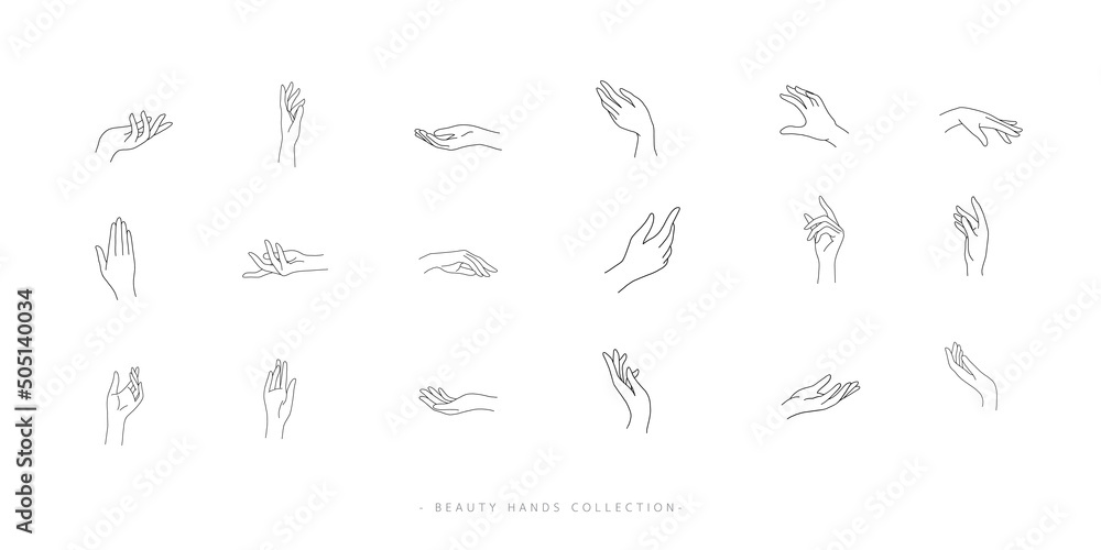 Wall mural set of beauty hand line design. abstract female hands and finger sign or symbole outline icon for lo