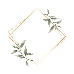 Greenery Leaf Watercolor with geometric luxury gold frame isolated on white background. Natural border for wedding, invitation and card vector illustration