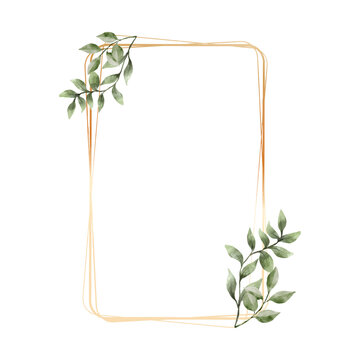 Greenery Leaf Watercolor with geometric luxury gold frame isolated on white background. Natural border for wedding, invitation and card vector illustration