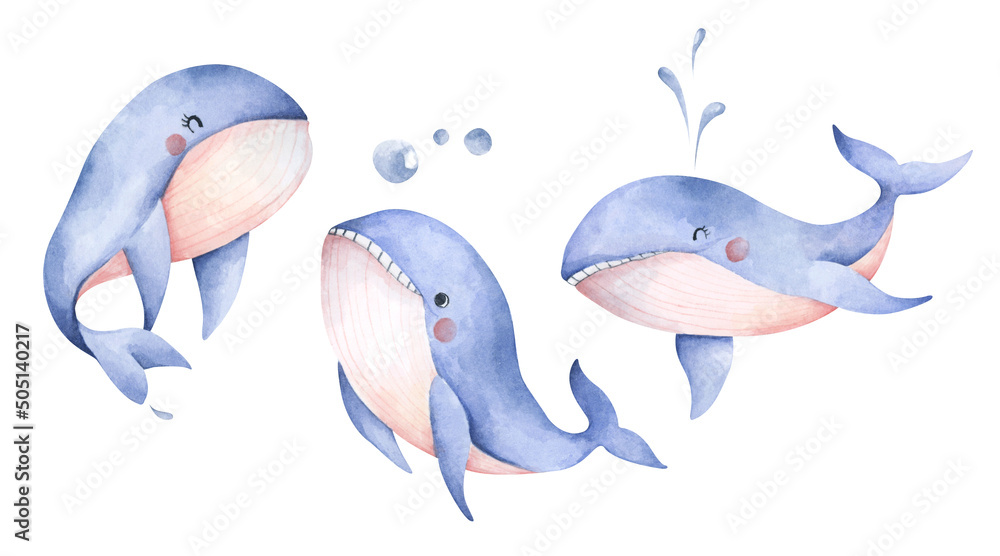 Wall mural Set of Cute blue whale. Isolated on white background. Watercolor illustration.